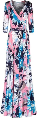 Women's 3/4 Sleeve V-Neck Printed Maxi Faux Wrap Floral Dress Light Blue Pink M in Saudi Arabia