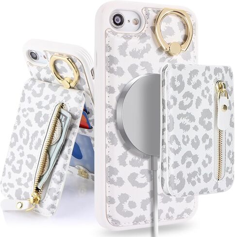 for iPhone 7 8 SE (2020) case with Card Holder,for iPhone 7 8 SE (2020) Phone Case Wallet for Women magsafe Compatible Wallet Detachable 2-in-1 for Men-White Leopard in Kuwait