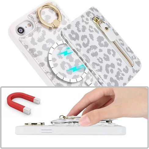 for iPhone 7 8 SE (2020) case with Card Holder,for iPhone 7 8 SE (2020) Phone Case Wallet for Women magsafe Compatible Wallet Detachable 2-in-1 for Men-White Leopard in Kuwait