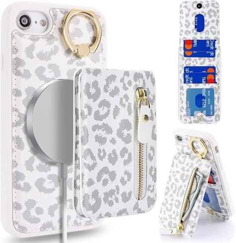 for iPhone 7 8 SE (2020) case with Card Holder,for iPhone 7 8 SE (2020) Phone Case Wallet for Women magsafe Compatible Wallet Detachable 2-in-1 for Men-White Leopard in Kuwait