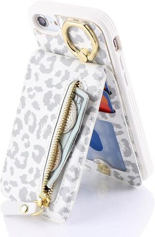 for iPhone 7 8 SE (2020) case with Card Holder,for iPhone 7 8 SE (2020) Phone Case Wallet for Women magsafe Compatible Wallet Detachable 2-in-1 for Men-White Leopard in Kuwait