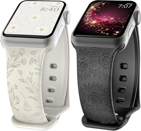 TIMOVO 2 Pack Floral Engraved Bands Compatible with Apple Watch Band 38mm 40mm 41mm Women,Soft Silicone Sport Replacement Strap for iWatch Bands Series SE 9 8 7 6 5 4 3 2 1, Black Sunflower/Gray Tulip in Saudi Arabia