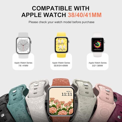TIMOVO 2 Pack Floral Engraved Bands Compatible with Apple Watch Band 38mm 40mm 41mm Women,Soft Silicone Sport Replacement Strap for iWatch Bands Series SE 9 8 7 6 5 4 3 2 1, Black Sunflower/Gray Tulip in Saudi Arabia
