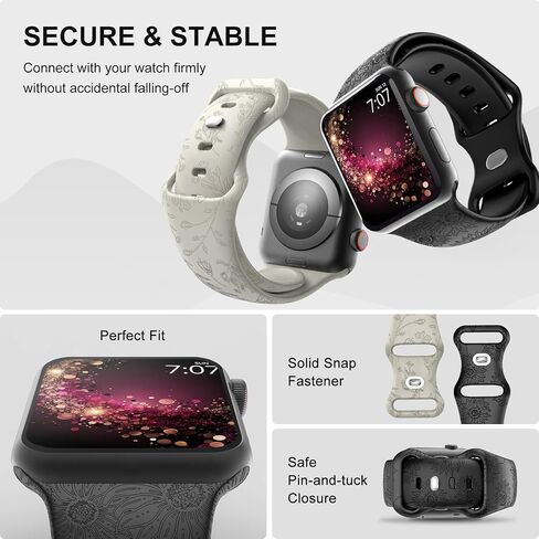 TIMOVO 2 Pack Floral Engraved Bands Compatible with Apple Watch Band 38mm 40mm 41mm Women,Soft Silicone Sport Replacement Strap for iWatch Bands Series SE 9 8 7 6 5 4 3 2 1, Black Sunflower/Gray Tulip in Saudi Arabia
