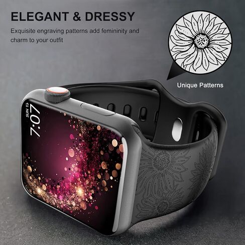 TIMOVO 2 Pack Floral Engraved Bands Compatible with Apple Watch Band 38mm 40mm 41mm Women,Soft Silicone Sport Replacement Strap for iWatch Bands Series SE 9 8 7 6 5 4 3 2 1, Black Sunflower/Gray Tulip in Saudi Arabia