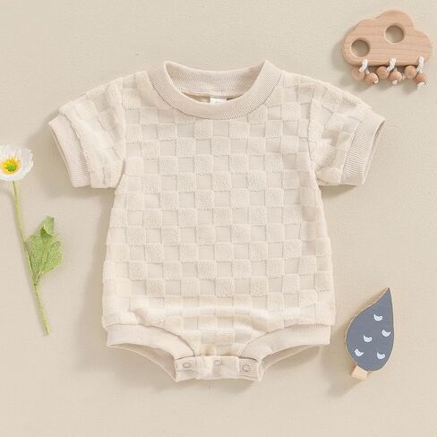 Newborn Baby Boys Girls Bubble Romper Cute Short Sleeve Crew Neck Checkerboard Bodysuit Infant Summer Playsuit in Kuwait