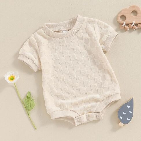 Newborn Baby Boys Girls Bubble Romper Cute Short Sleeve Crew Neck Checkerboard Bodysuit Infant Summer Playsuit in Kuwait