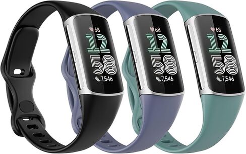 3 قطع من الأربطة الرفيعة المتوافقة مع Fitbit Charge 6/Charge 5 للنساء والرجال، سوار ساعة TPE ناعم وحزام بديل رفيع، أسود/أزرق داكن/رمادي صخري in Kuwait