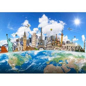 BELECO 7x5ft Fabric Around The World Travel Backdrop Global Travel World Map Earth Photo Background World Famous Landmark Newyork Paris Eiffel Tower Backdrop Birthday Party Decor Photoshoot Props