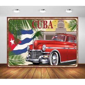 BELECO 7x5ft Fabric Cuba Havana Backdrop Cuban Flag Vintage Classic Red Car Palm Trees Background Poster for Cuba Havana Party Decorations Photo Booth Shoot Studio Props
