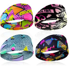 4Pcs 80s 90s Vintage Headbands Retro Soft Sport Sweatbands Boho Neon Headband Universal Workout Wweatband for Men and Women for Hiking Cycling Party Travel Party Running Fitness