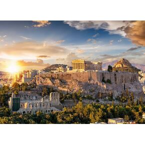 7x5ft Fabric Greek Backdrop Acropolis of Athens Sunset Ancient Greece Parthenon Temple Ruin Site Buliding Photography Background for Mythology Birthday Theme Party Decorations Photo Booth Props