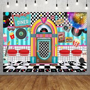 7X5FT Retro Diner 50s Party Decorations Photo Backdrop Rock and Roll Sock Hop Party Decorations 1950s Retro Party Decorations Photography Background Photo Booth Props Polyester