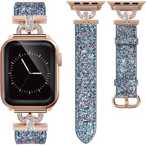 Bling Leather Compatible for Apple Watch Bands 40mm Women, Dressy Fancy Shiny Apple Watch Band 41mm 38mm for iWatch Series 10 9 8 7 6 5 4 3 2 1 SE with Rhinestone D-Shape Metal Buckle