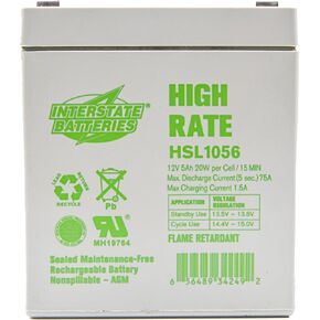 Interstate Batteries 12V 5Ah High Rate Battery (F2 Terminal) SLA AGM VRLA Fireproof Rechargeable Replacement for UPS Systems, Servers, Backup Power (HSL1056)