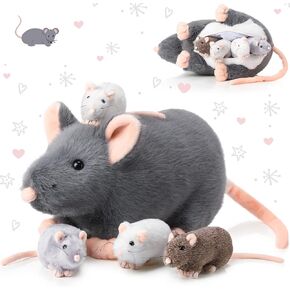 5 Pcs Mouse Stuffed Animals Set 14'' Large Mommy Rat Plush with 4 Small Mouse Babies in Her Zippered Tummy Soft Cuddly Stuffed Rat Plush Toys for Girls Boys Birthday Graduation Gifts