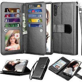 Njjex Wallet Case for Samsung Galaxy Note 10, for Galaxy Note 10 Case (2019), [9 Card Slots] PU Leather ID Credit Holder Folio Flip [Detachable] [Kickstand] Magnetic Phone Cover & Lanyard [Black]