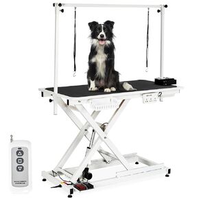 50'' Electric Dog Grooming Table, Heavy Duty, Height Adjustable Pet Grooming Table with Socket w/Leveling Wheels, Grooming Arm, Anti Slip Tabletop & Tool Organizer, for All Pets White