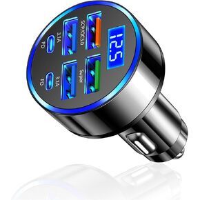6 Port Fast USB Car Charger (PD+QC3.0),Cigarette Lighter USB Charger with LED Digital Display,Universal Car Charger Adapter Car Accessories Interior for Most 12V/24V Vehicles