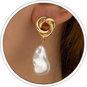 Pearl Drop Earrings for Women 14K Gold Knot Earrings Dainty Statement Pearl Earrings Dangling Wedding Jewelry Gifts for Women Girls
