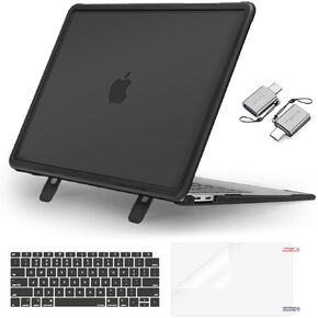 MOSISO Compatible with MacBook Air 13 inch Case 2022-2018 Release A2337 M1 A2179 A1932, Heavy Duty Shockproof Plastic Hard Case with Fold Kickstand&Keyboard Skin&Screen Protector&Type C, Black