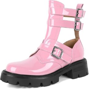SAMMITOP Women Lug Sole Low Heel Ankle Boots Fashion Round Toe Cutout Combat Boots Metal Buckle Goth Ankle Booties 2 Inch