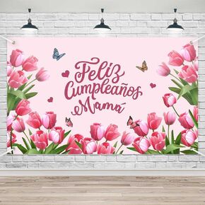 Lofaris Feliz Cumpleaños Mama Party Banner Mexico Happy Birthday Backdrop for Mom Best Mom Ever I Love Mom Floral Party Decorations Photo Booth Props