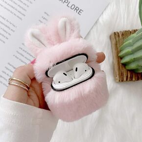 Guppy Compatible with AirPods Furry Bunny Case Girls 3D Cartoon Cute Rabbit Ears Plush Fluffy Warm Carrying Case Soft Protective Case Cover Accessories for AirPods 1 & 2 Pink