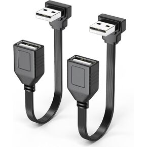 2 Pack 90 Degree USB2.0 Extension Cable Flat Short 4inch 10CM, Downangle Right angle USB A Male to Female Cable Dual USB Charging Port,Black