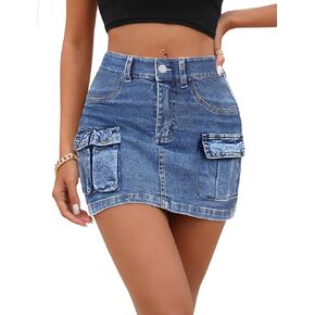 IVIR Women's Cargo Skirt Mini Skirt Y2K Summer Elastic Waist 6 Pockets Button Bodycon Short Denim Skirts