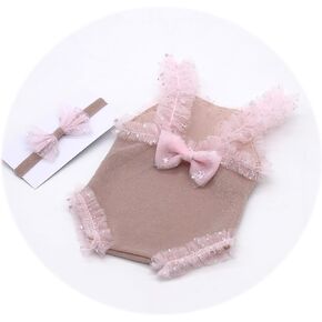 Zeroest Newborn Photography Outfits Girl Photo Props Romper with Lace Trim and Headband Infant Baby Princess Photoshoot Pink