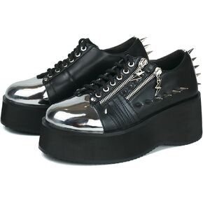 DETOGNI Women's Silver Studs Chrome Plated Toe Cap Platform Wedges Shoes Lace Up Ornamental Metal Lightening Bolt Zippers Boots