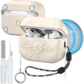 for AirPods Pro 2nd/1st Generation Case Magnetic Lid Compatible with MagSafe, Sun and Moon Engraved AirPod Pro Case for Apple Airpods Pro 2&1 Gen with Cleaner Kit&Keychain&Lanyard (Off-White)