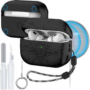 حافظة AirPods Pro الجيل الثاني/الأول بغطاء مغناطيسي متوافق مع MagSafe، حافظة AirPod Pro منقوشة بالشمس والقمر لهاتف Apple Airpods Pro 2&1 Gen مع مجموعة تنظيف وسلسلة مفاتيح وحبل (أبيض فاتح)