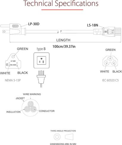 3 Prong Power Cord Replacement Power Cable for Computers, TV, Monitors, NEMA 5-15P to IEC 60320 C5 | 18AWG | 125V 10A, 3 Ft / 3' AC Cable in Saudi Arabia