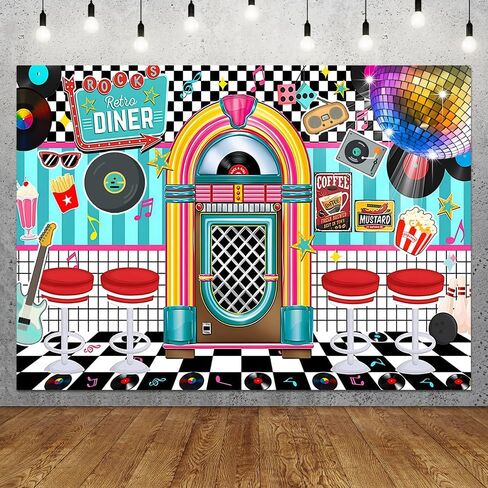 7X5FT Retro Diner 50s Party Decorations Photo Backdrop Rock and Roll Sock Hop Party Decorations 1950s Retro Party Decorations Photography Background Photo Booth Props Polyester in Saudi Arabia