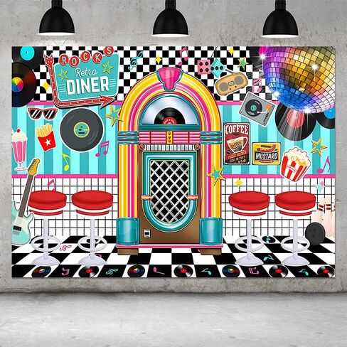 7X5FT Retro Diner 50s Party Decorations Photo Backdrop Rock and Roll Sock Hop Party Decorations 1950s Retro Party Decorations Photography Background Photo Booth Props Polyester in Saudi Arabia