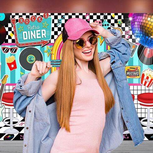 7X5FT Retro Diner 50s Party Decorations Photo Backdrop Rock and Roll Sock Hop Party Decorations 1950s Retro Party Decorations Photography Background Photo Booth Props Polyester in Saudi Arabia