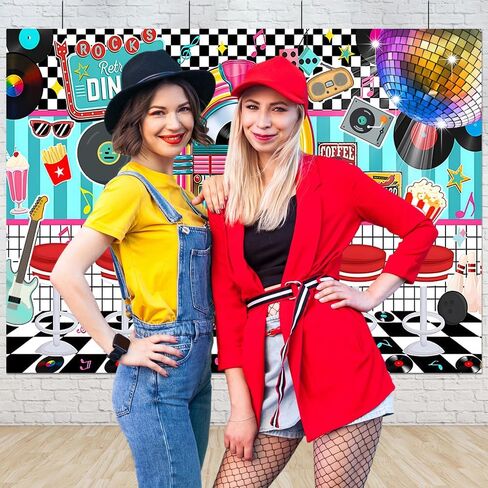 7X5FT Retro Diner 50s Party Decorations Photo Backdrop Rock and Roll Sock Hop Party Decorations 1950s Retro Party Decorations Photography Background Photo Booth Props Polyester in Saudi Arabia