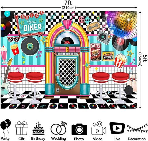 7X5FT Retro Diner 50s Party Decorations Photo Backdrop Rock and Roll Sock Hop Party Decorations 1950s Retro Party Decorations Photography Background Photo Booth Props Polyester in Saudi Arabia
