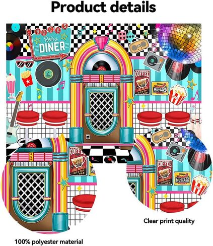 7X5FT Retro Diner 50s Party Decorations Photo Backdrop Rock and Roll Sock Hop Party Decorations 1950s Retro Party Decorations Photography Background Photo Booth Props Polyester in Saudi Arabia