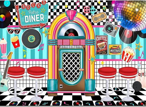 7X5FT Retro Diner 50s Party Decorations Photo Backdrop Rock and Roll Sock Hop Party Decorations 1950s Retro Party Decorations Photography Background Photo Booth Props Polyester in Saudi Arabia