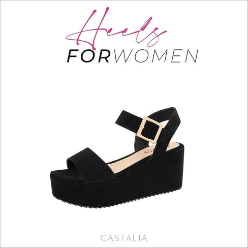 حذاء كاستاليا مصنوع من الجلد السويدي للنساء بكعب أسود. أزياء المرأة الكعوب. مريحة، منصة عريضة 2.7 بوصة. in Kuwait