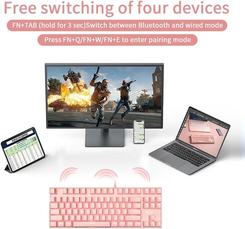 لوحة مفاتيح ميكانيكية لاسلكية وضع ثلاثي 2.4G/USB-C/BT لوحة المفاتيح | لوحة مفاتيح ميكانيكية للألعاب مكونة من 87 مفتاحًا ولوحة مفاتيح قابلة للتبديل مع إضاءة خلفية بيضاء، ولوحة مفاتيح TKL، ولوحة مفاتيح زرقاء بنسبة 80%، ولوحة مفاتيح وردية in Kuwait