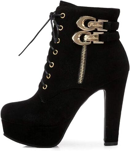 ForeMode Women Autumn Round Toe Lace up Ankle Buckle Chunky High Heel Platform Knight Boots in Saudi Arabia