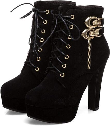 ForeMode Women Autumn Round Toe Lace up Ankle Buckle Chunky High Heel Platform Knight Boots in Saudi Arabia