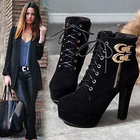 ForeMode Women Autumn Round Toe Lace up Ankle Buckle Chunky High Heel Platform Knight Boots in Saudi Arabia