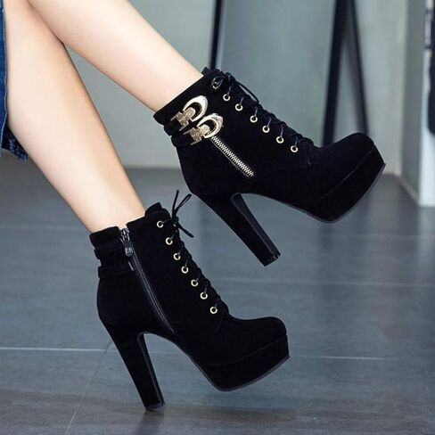 ForeMode Women Autumn Round Toe Lace up Ankle Buckle Chunky High Heel Platform Knight Boots in Saudi Arabia