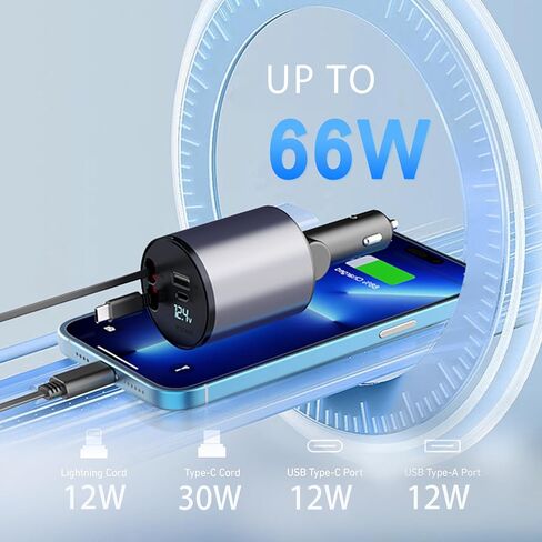 Retractable Car Charger, 66W 4 in 1 Super Fast Charging Car Phone Charger with 2 Retractable 31.5 Inch Cables and 2 USB Ports for iPhone 15/14/13/12/11, Galaxy, Pixel（C） in Saudi Arabia