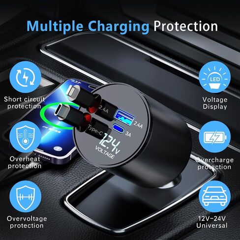 Retractable Car Charger, 66W 4 in 1 Super Fast Charging Car Phone Charger with 2 Retractable 31.5 Inch Cables and 2 USB Ports for iPhone 15/14/13/12/11, Galaxy, Pixel（C） in Saudi Arabia